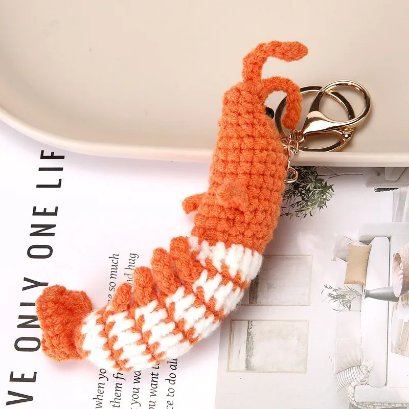 Cute Shrimp Charm Keychains Cartoon Mini Hand Knitted Car Keyring Lovely Handmade Weaving Bag Charms Backpack Handbag Pendant 251023