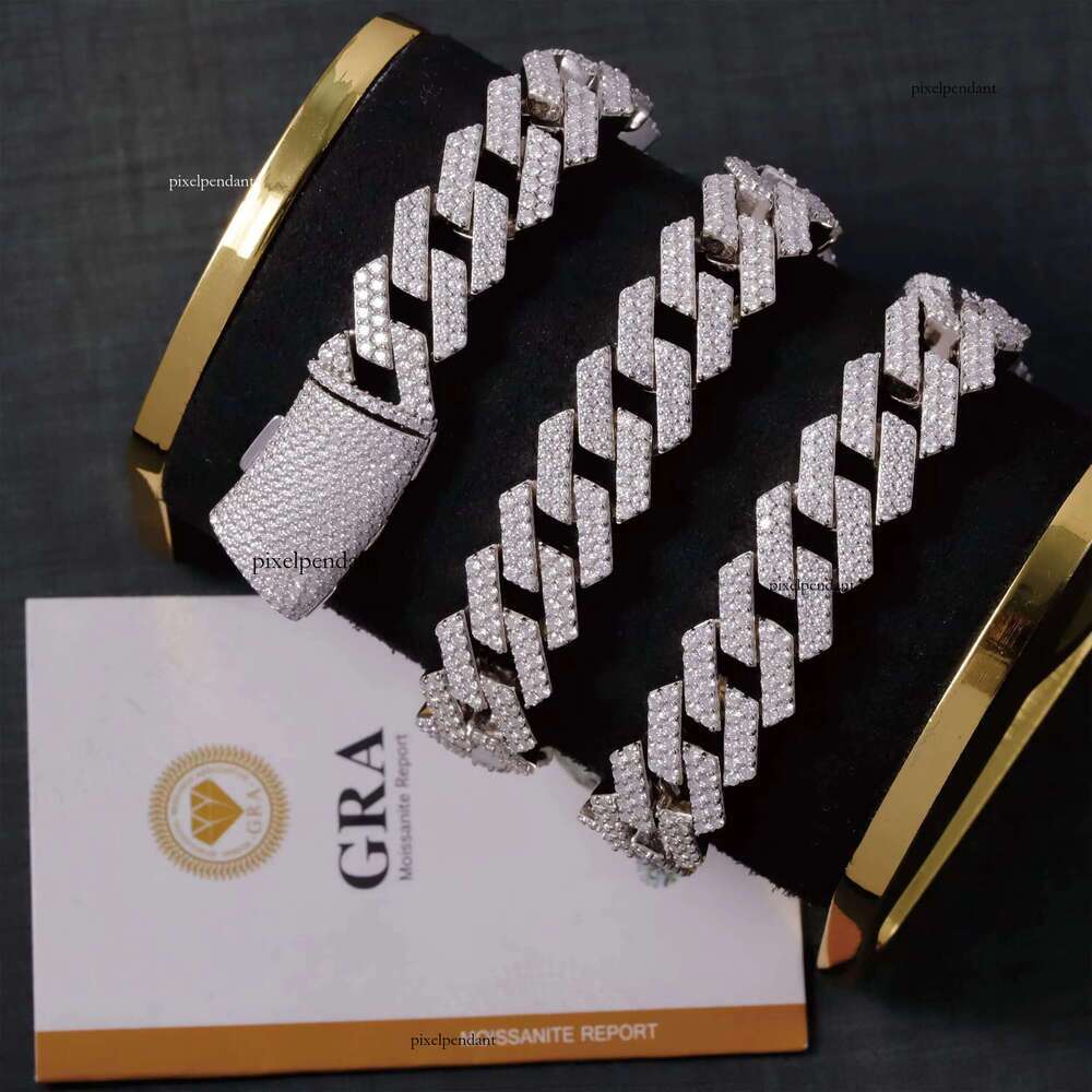 Hip Hop Jewelry 2rows 14mm VVS Dia Cuban Link Chain Sier Moissanite Necklace