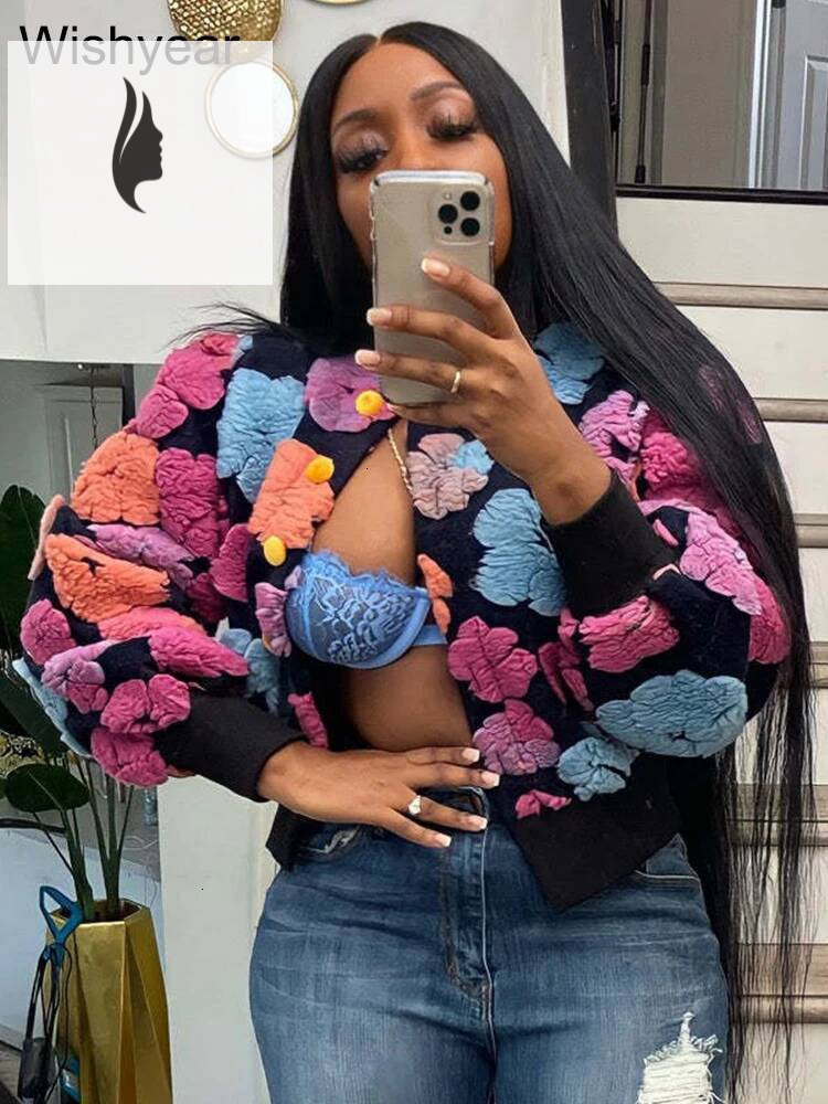 winter jacket women Streetwear Winter Warm Thick 3D Flowers Patchwork Jacket Women Puff Long Sleeve Single-breasted Baseball Coats Vintage Outwear