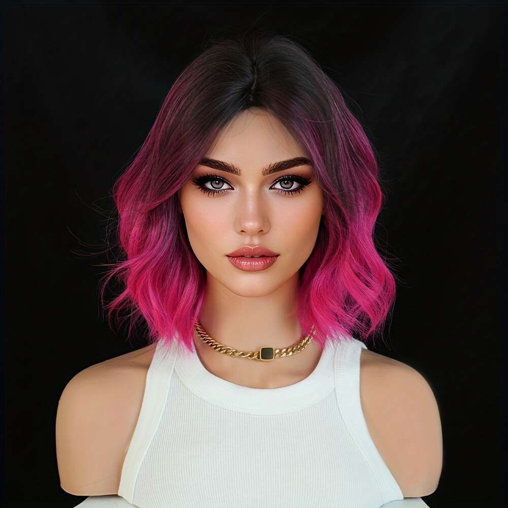 NAMM Women's Short Black To Pink Purple Ombre Wig - Heat-Resistant Synthetic Hair With Bangs & Layered Bob Cut, Glueless Cosplay Costume Wigs For