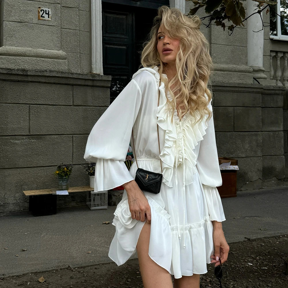 Talenza White Ruffle Bandage Mini Dress Womens Elegant Patchwork Long Sleeve Dress Slim V Neck Lace Up Summer Mini Dress 251027
