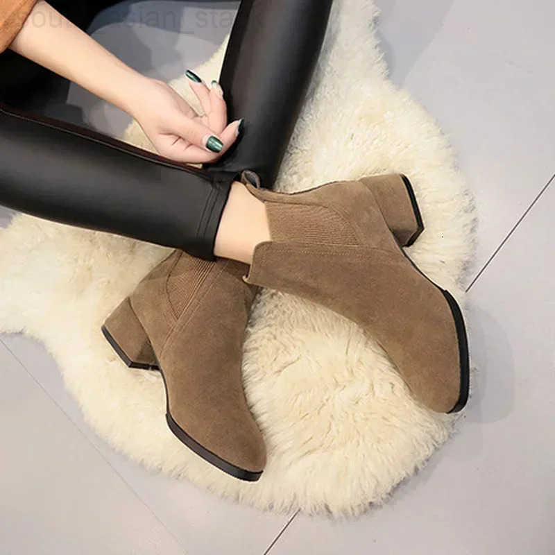 Women Ankle Boots Autumn Winter Boots Slipon Round Toe 35cm Square Heel Solid Casual Black Camel Booties Size 3543 Z251027