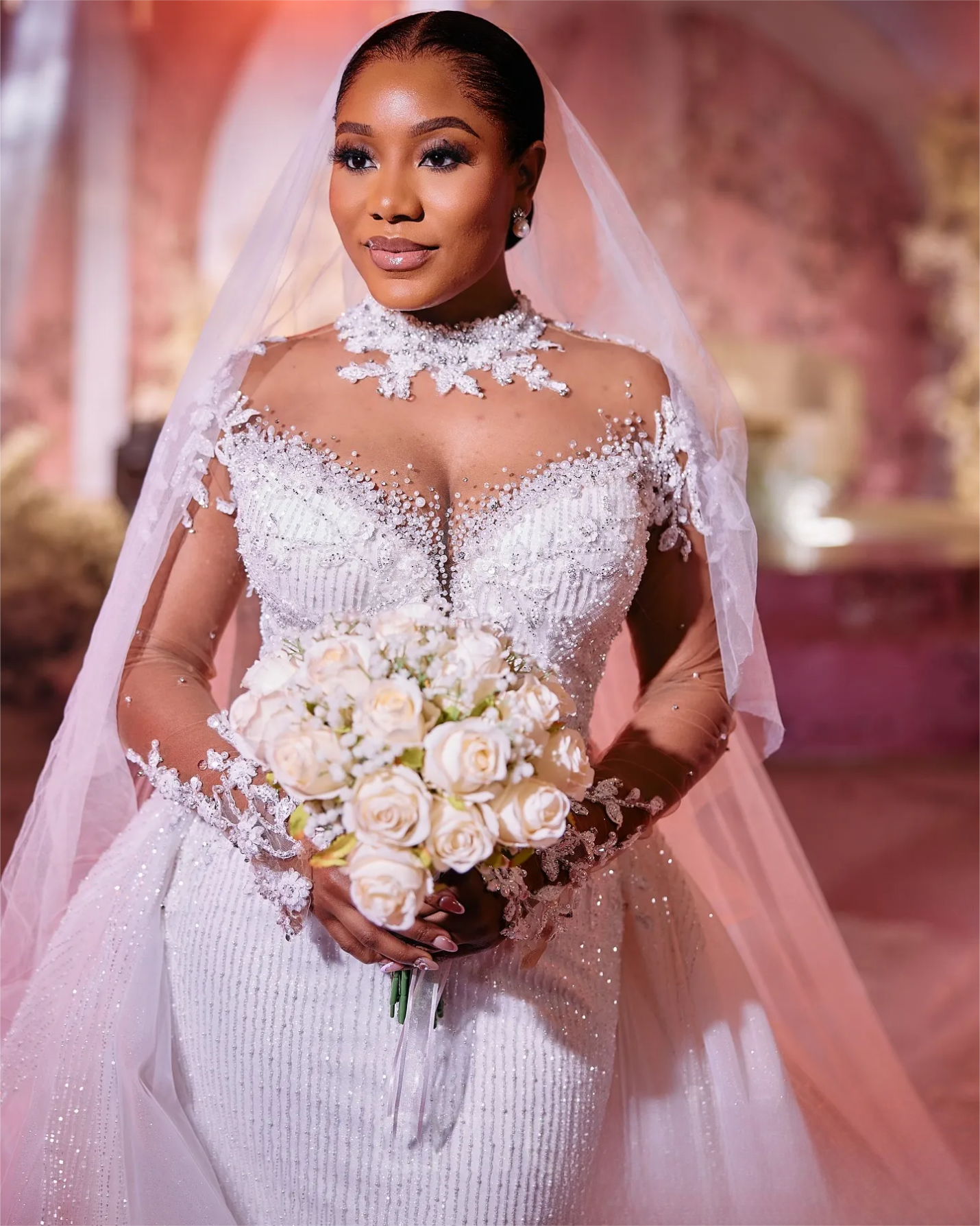 Arabic Aso Ebi Plus Size Wedding Dress in White with Florals Lace Beaded Sheer Neck and Sequined Detail