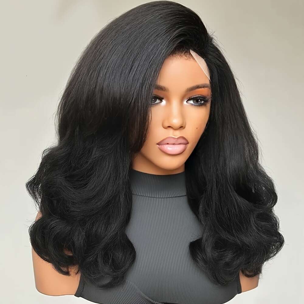 Curly 4X1 Side Part Synthetic Yaki Textural Body Wave Wig Layered Wavy Wigs For Women Heat Resistant Fiber Daily Life Party Or Cosplay Use