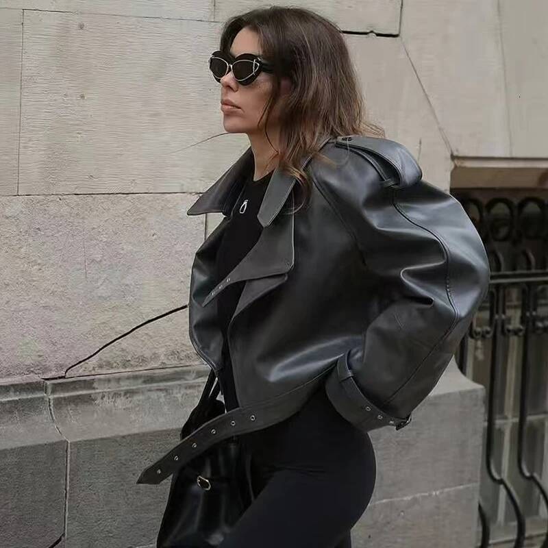 winter jacket women HXAO Women's Bury Leather Demi-Season Crop Black Outerwears Button Oversized Long Sleeve Top Moto Biker Jacket