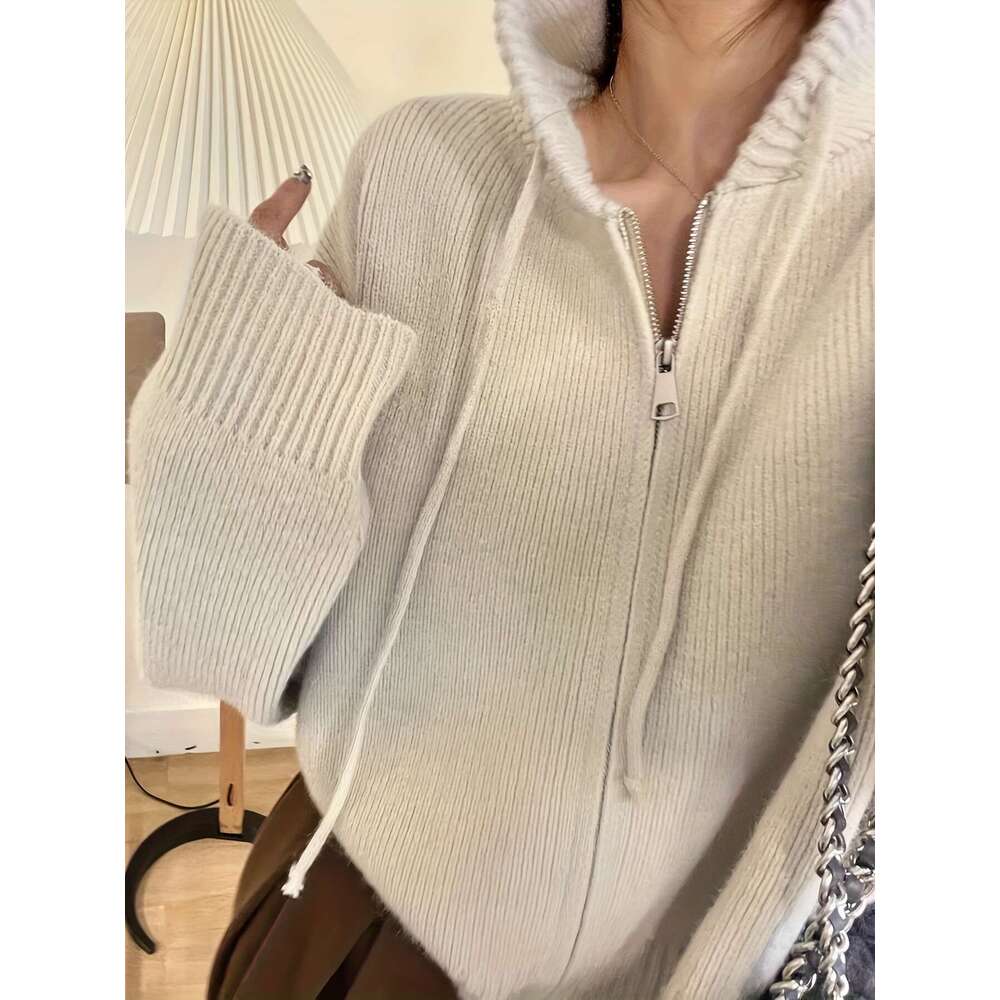 Solid Zipper Drawstring Hooded Cardigan, Casual Long Sleeve Loose Cardigan For Fall & Winter, Women's Clothing