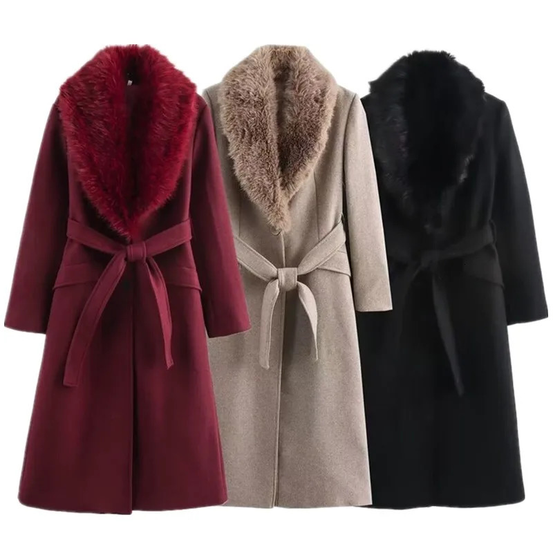 Winter Womens Faionable Woolen Coat Medium Length AllMatch Fur Collar Outerwear Long Sve Commute Sle 251024