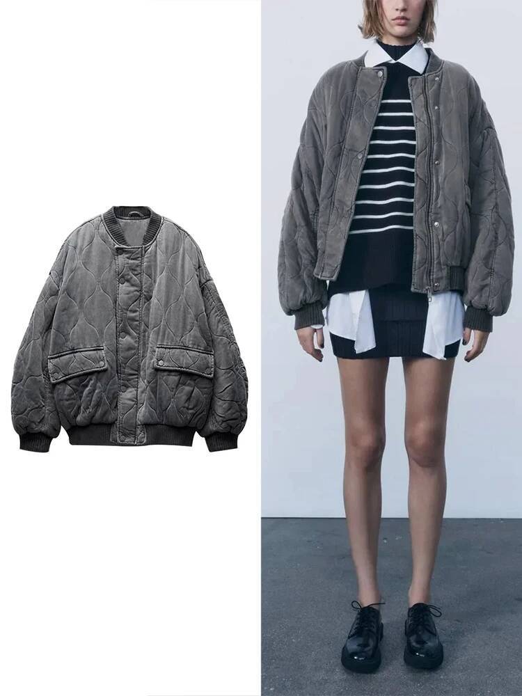 winter jacket women Women's Round Neck Aviator Coat Warm Loose Cotton Zip With Button Grey Fashion Vintage Jacket