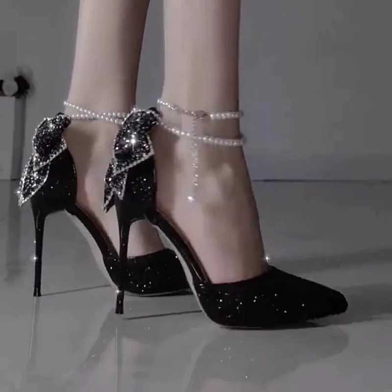 French new pointy shallow mouth temperament elegant sequin bow high heels womens fine heel pearl line with a single shoeXJ251027