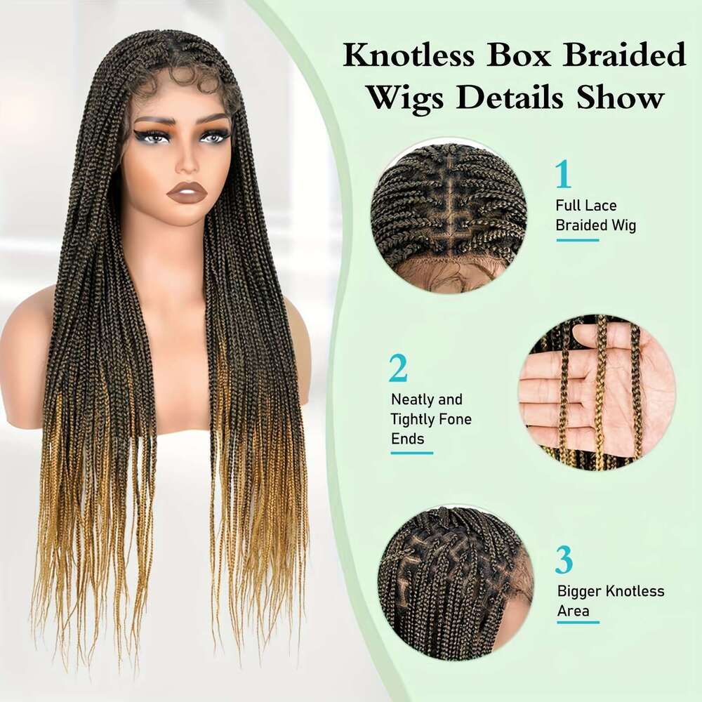 QUEENTAS 360° HD Front Braided - Knotless Box Braid Wig With Light Brown & Blonde Highlights, 28 Inch Full Lace Front, Density, Natural Look For Women