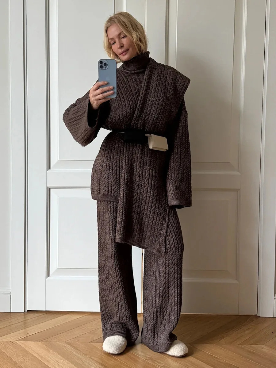 Bornladies Autumn Winter Fashion Womens Cable Knit Sweater Wide Leg Pants Set Soft Wool Blend Loose Fit High Neck Pullover 251027