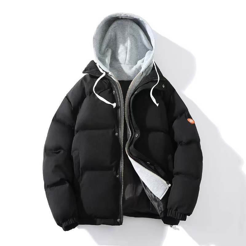 In autumn and winter, hooded cotton-padded clothes couple Hong Kong wind fashion trend fake two thick cotton-padded jacket warm coat students.