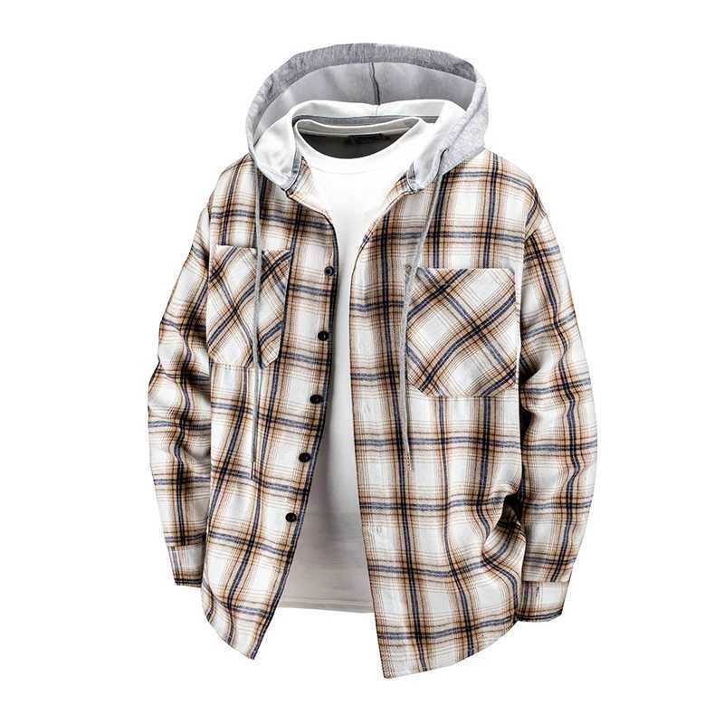 Hooded mens and womens wearable plaid shirts Japanese shirt jackets for spring and fall loosefitting longsleeve jackets W251027