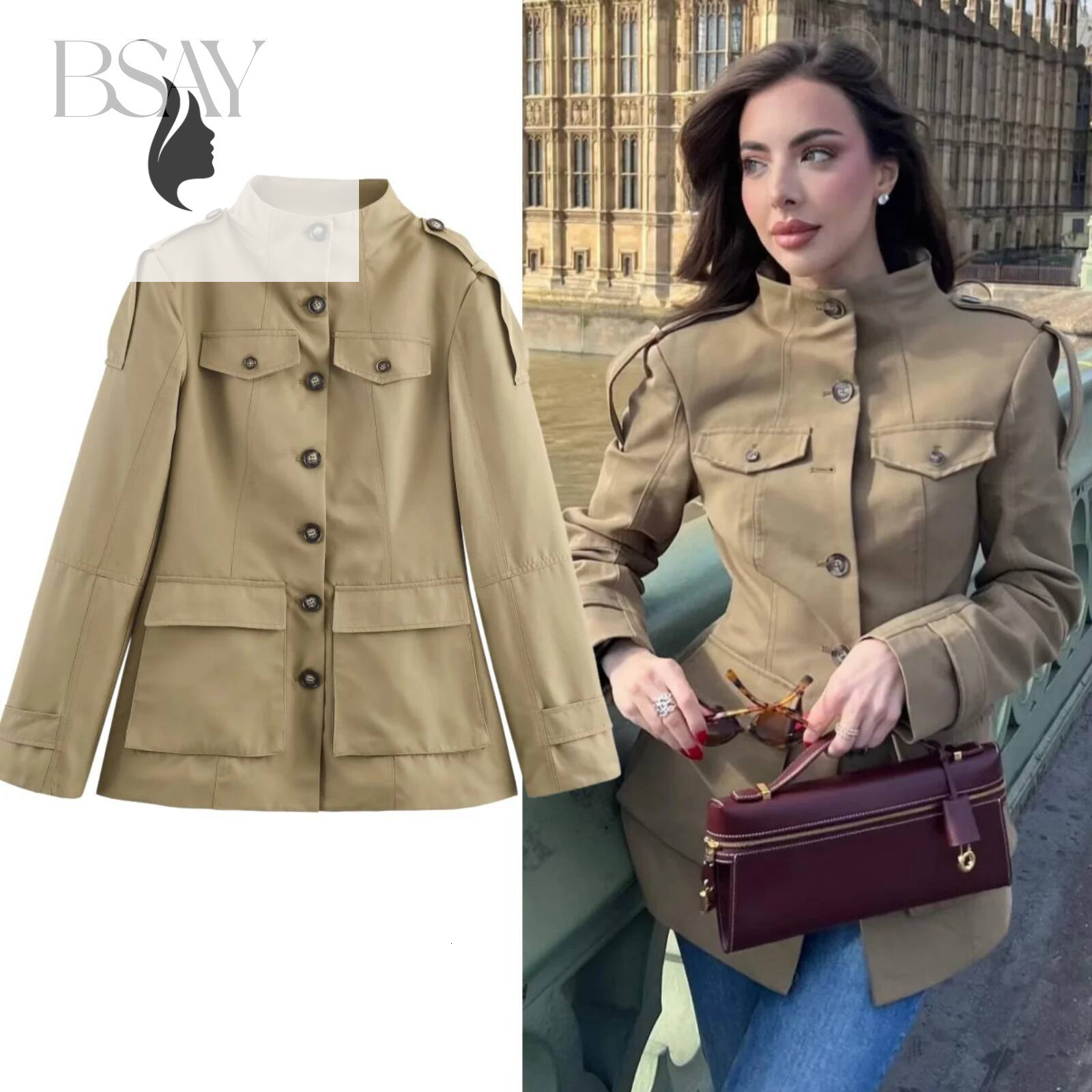 winter jacket women BSAY stand collar workwear style multi pocket jacket 2025 autumn new France Shoulder strap coats chic ladies tops mujer