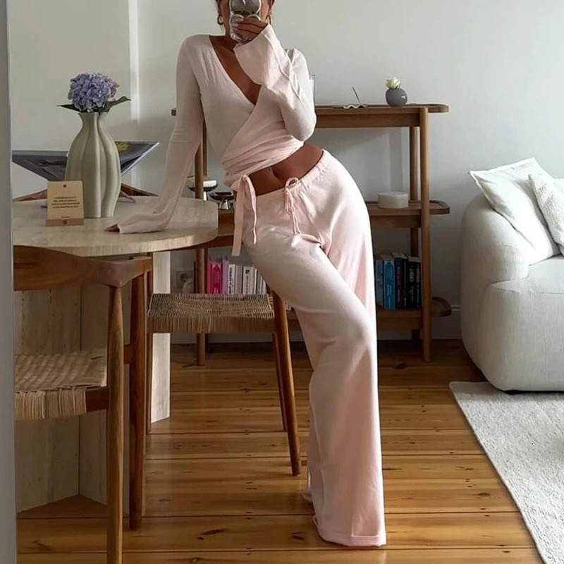 Women Fashion Lounge Set Vintage 2 Piece Outfit V Neck Waist Tie Tshirt Elastic Waist Pants Autumn Long Sleeve Crop Tops 251013