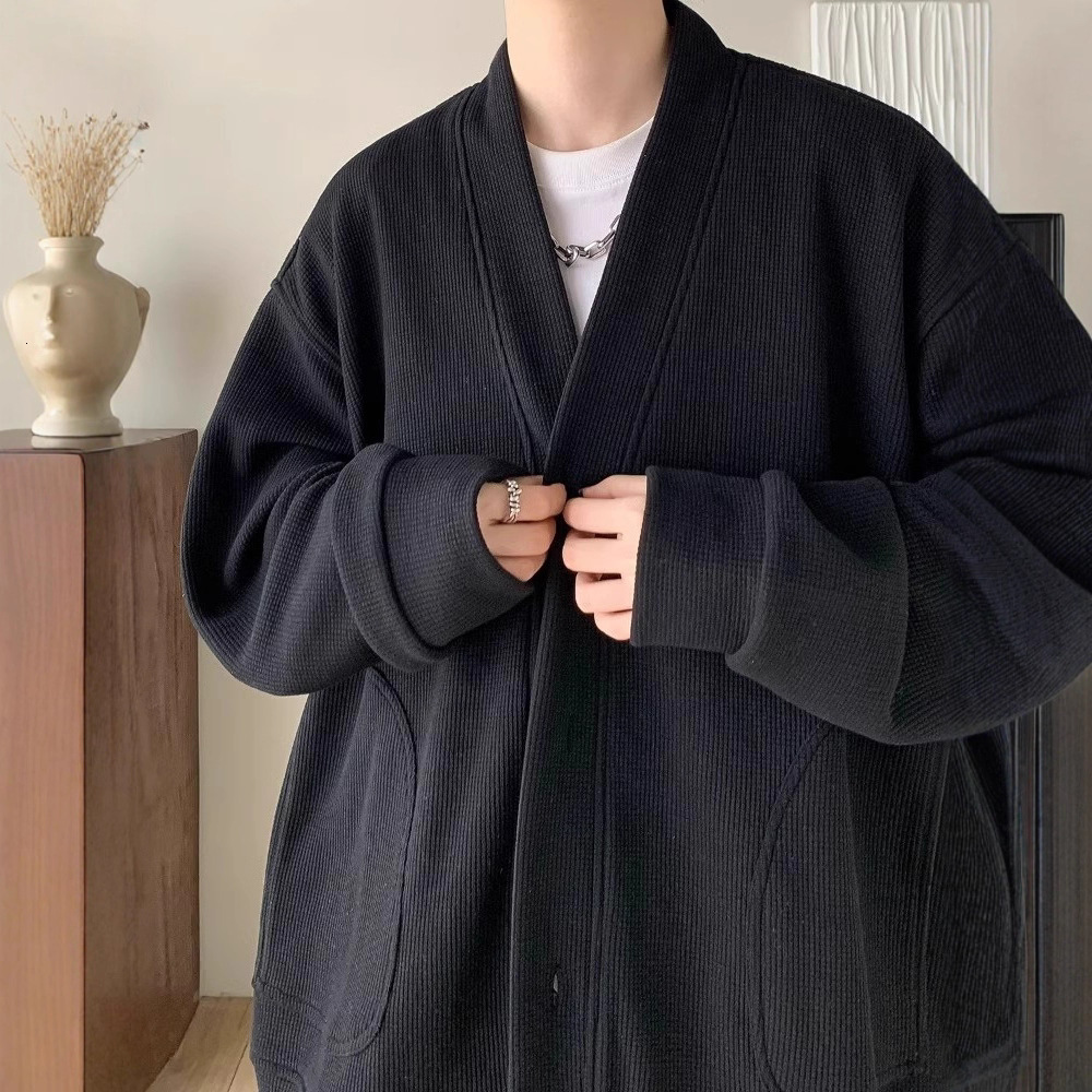 V-neck Waffle Jacket Lazy Style Spring And Autumn Handsome Men's Suit High-end Casual Designer Sweater Jacket For Men