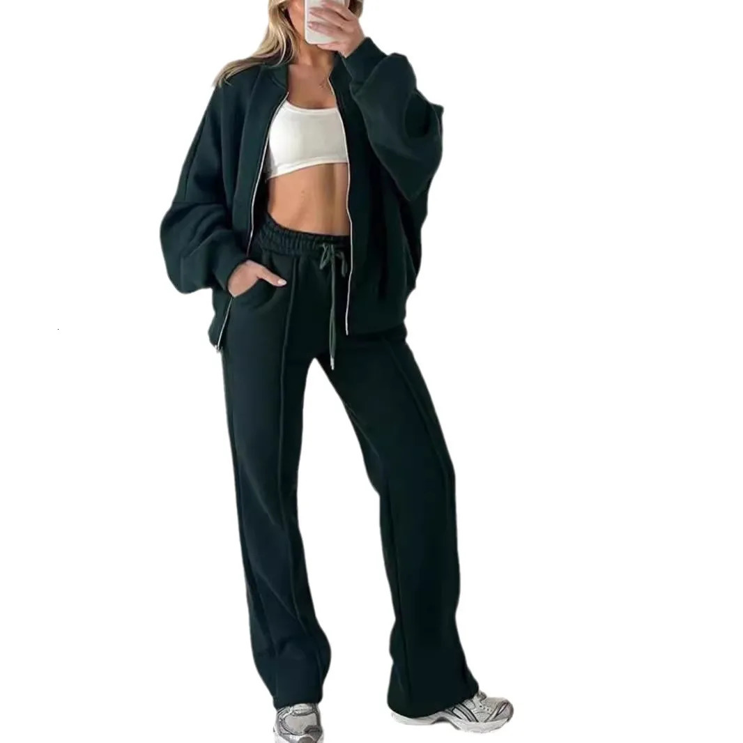 Tracksuit Women Two Pieces Pant Sets Sweatshirts Zipper Long Sleeve Straight Pants Drawstring Pocket Sports Autumn Winter 251027
