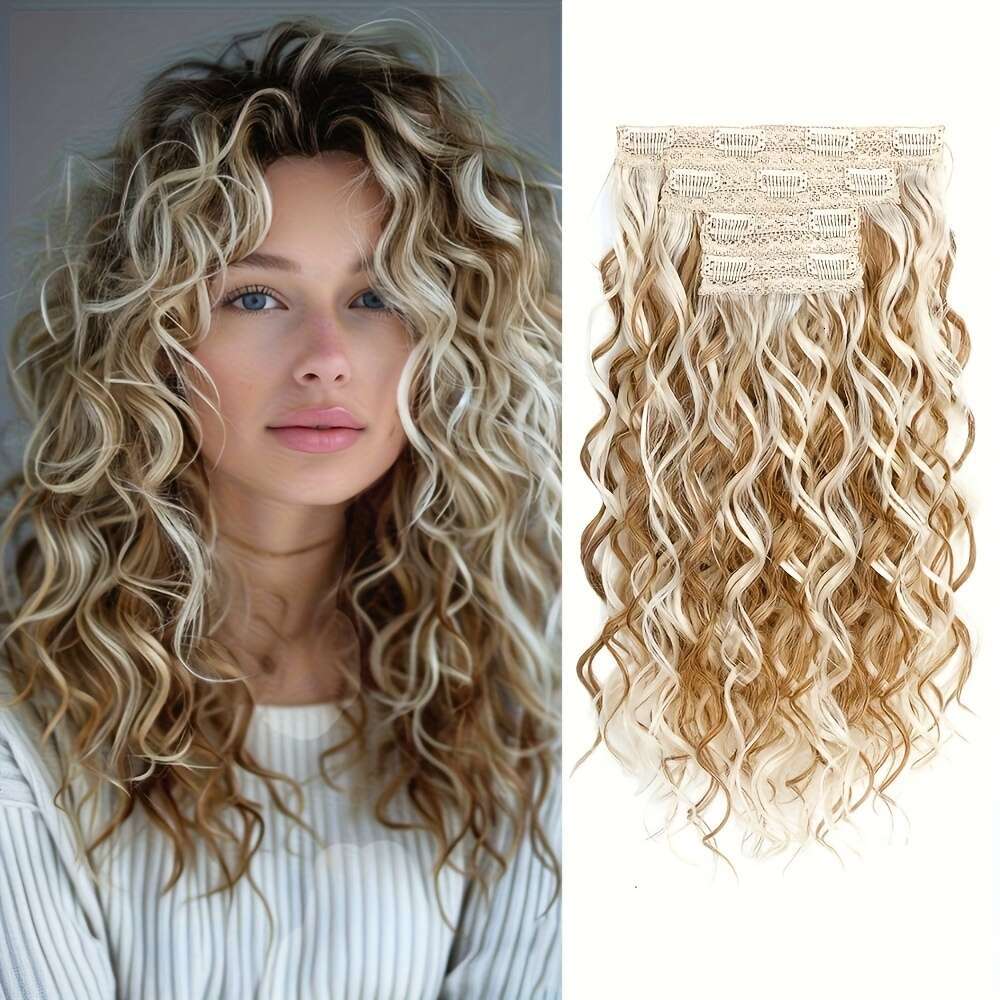 4Pcs Long Curly Waves 36Cm/14" Voluminous Black Wavy Texture Layered Ends, Natural Soft Extensions Women Heat Styling Friendly, Secure Clip-In Sy