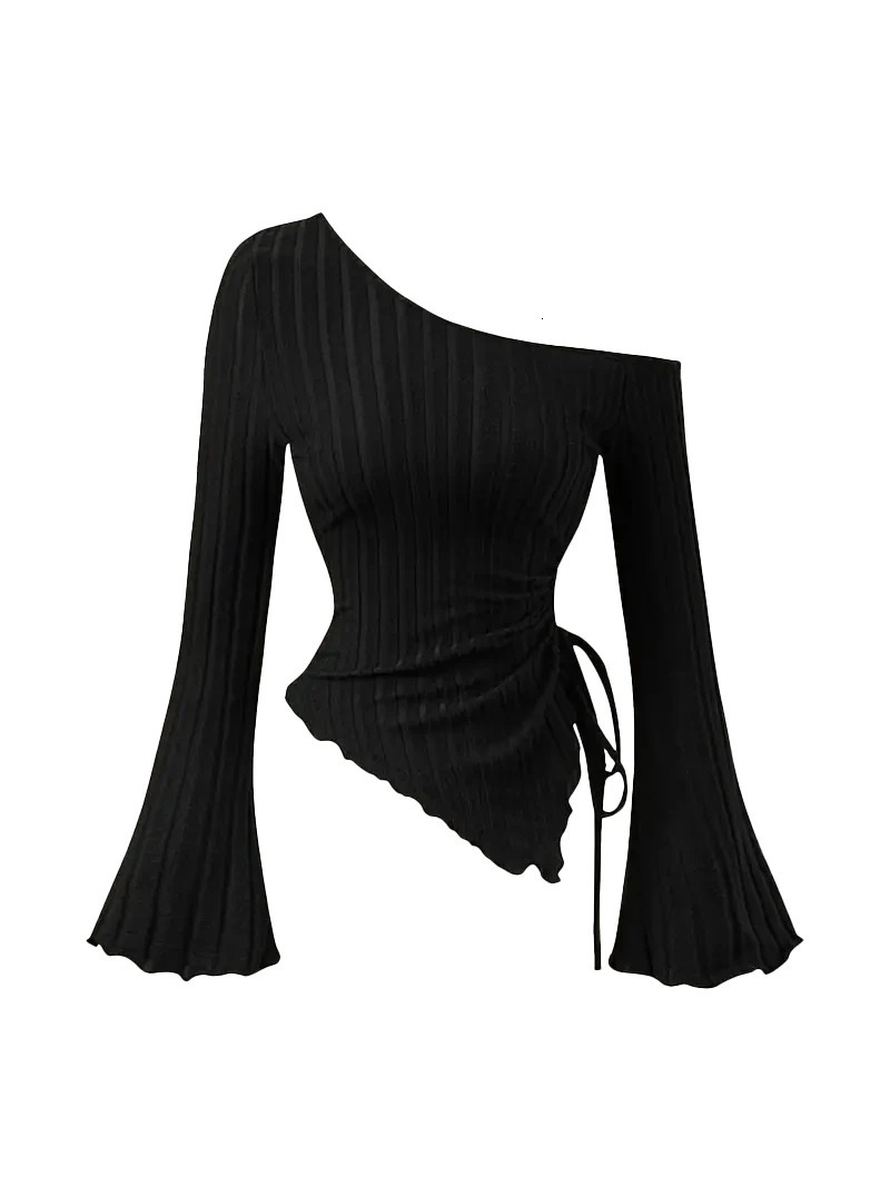 womens off shoulder cross long sleeved slim fit casual street style asymmetrical elegant Tshirt trumpet sleeve top 251027