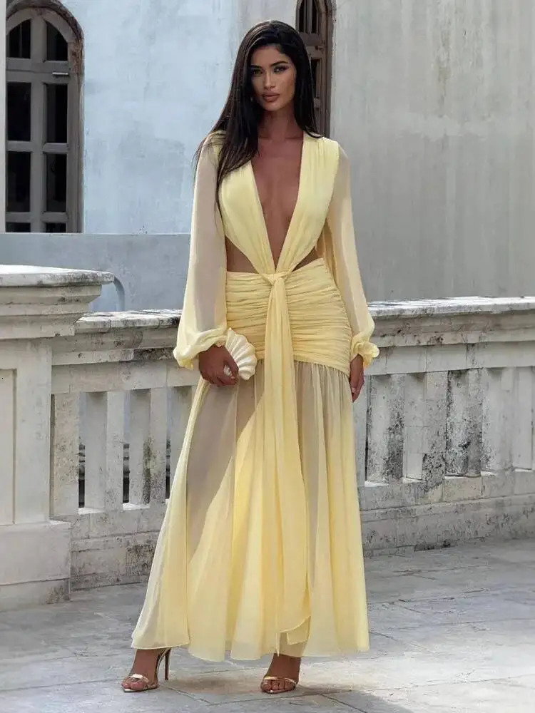 Avrilyaan Deep V Hollow Chiffon Backless Sexy Party Dress Women 2025 Spring Summer Dress Nightclub Bodycon Maxi Long Dresses 251027