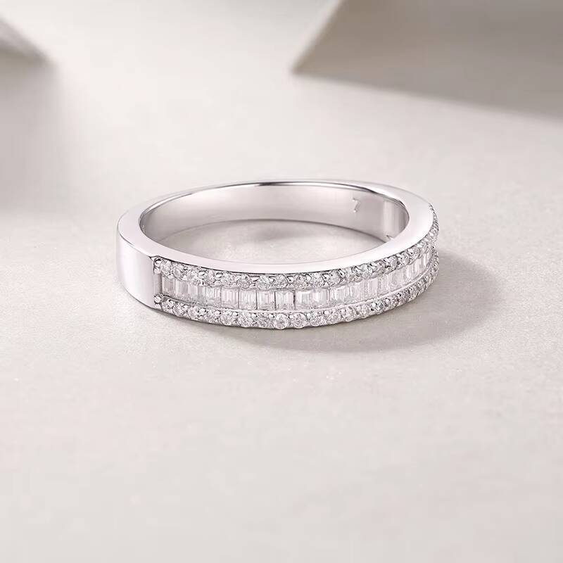Factory Professional Jewelry 925 Sterling Silver Round Style Emerald Cut Moissanite White Gold Plated Half Eternity Band Rings