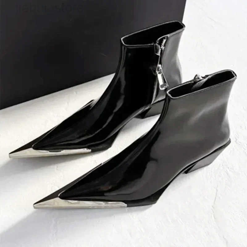 Luxury Designer Pointed Toe Chelsea Boots Women 2025 Fall Chunky Heel Metal Toe Decoration High Heels Side Zip Black Ankle Boots M251027