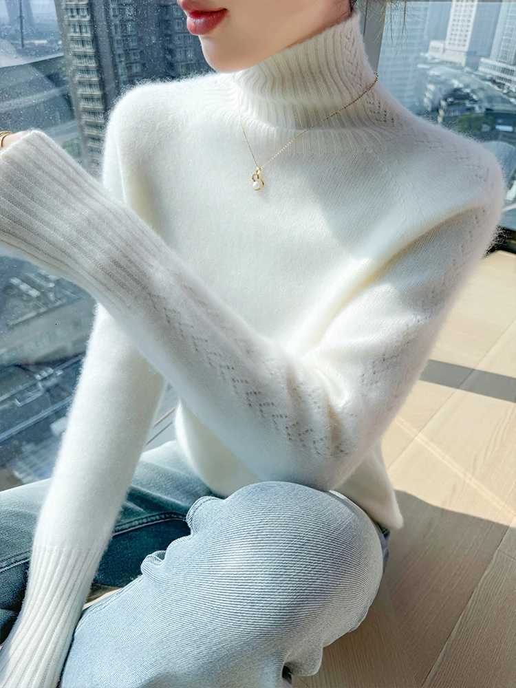 Autumn Winter Sweater Women Pullover 100Merino Wool Sweater High Collar Clothes Knit Warm Inside Join Hollow Out Raglan SleevesT251027