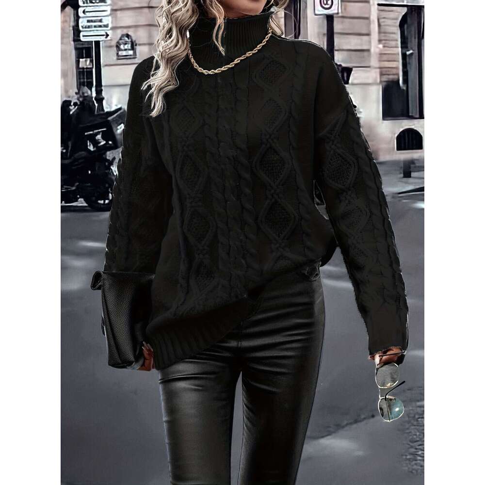 Elegant High-Neck Blouse With Vertical Stripes & Color-Blocking - Soft Stretch Long Sleeve Top, Winter Warmth, Non- Fabric For Fall/Winter Layering Of