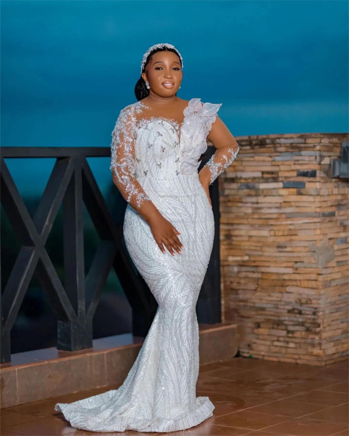Aso Ebi Mermaid Wedding Dress in White with Florals Beaded Crystals Sequined Lace and Stunning Design