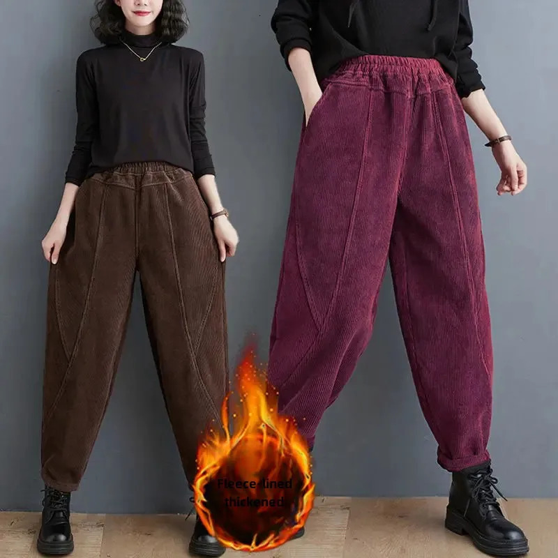 Thickened FleeceLined Corduroy Purple Harem Trousers For MiddleAged Women Winter Style Moms Peony Pants 251027