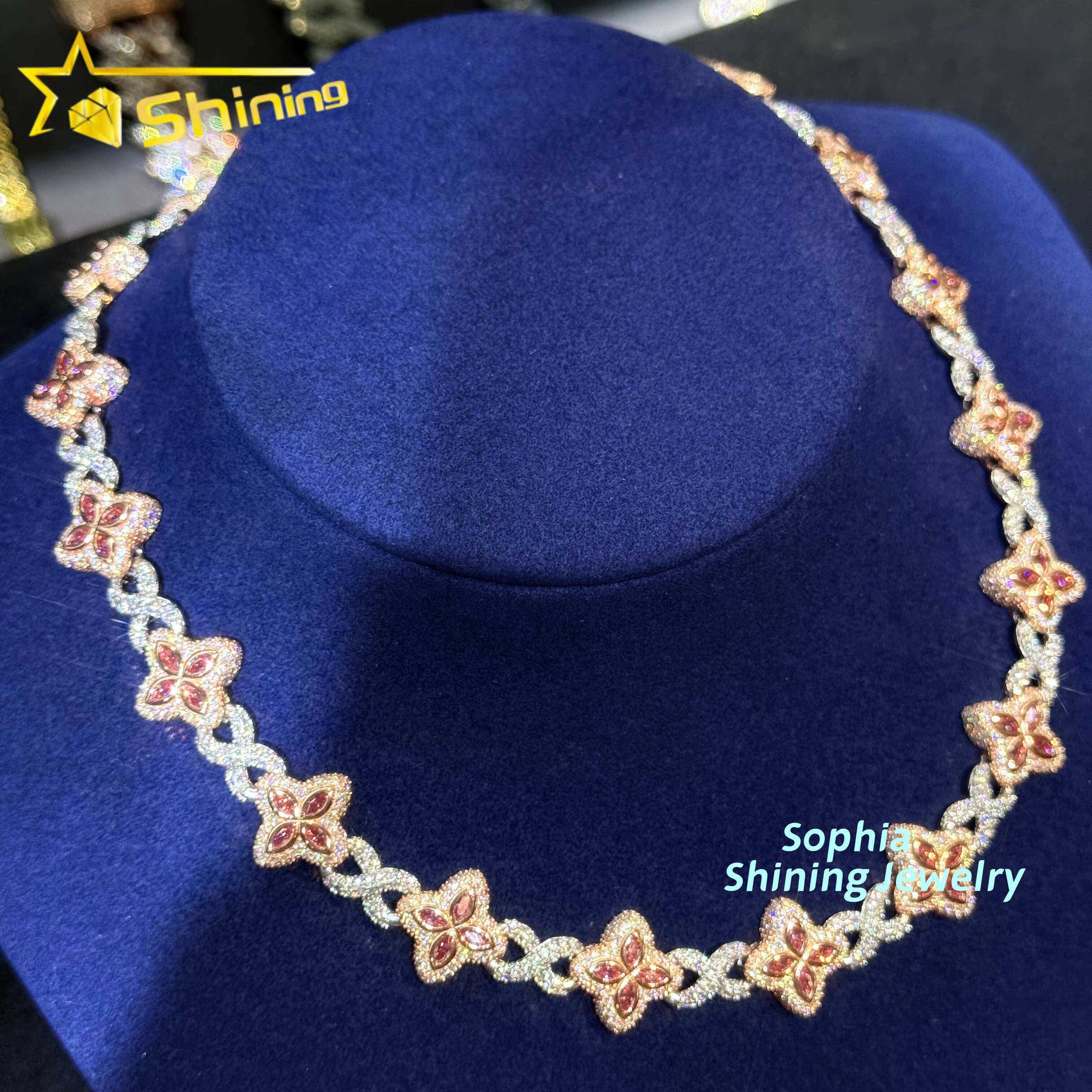 Unique Hip Hop Jewelry 15mm Fashion Clover Design VVS Pink Moissanite Diamond Custom 925 Silver Iced Out Infinity Cuban Chain