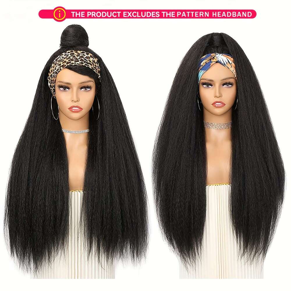 Kinky Headband Women - Synthetic Long Yaki Straight Wigs With Black Headband, Afro Wig For Daily Party, Halloween, Cosplay, Parties, Etc., Party Natur