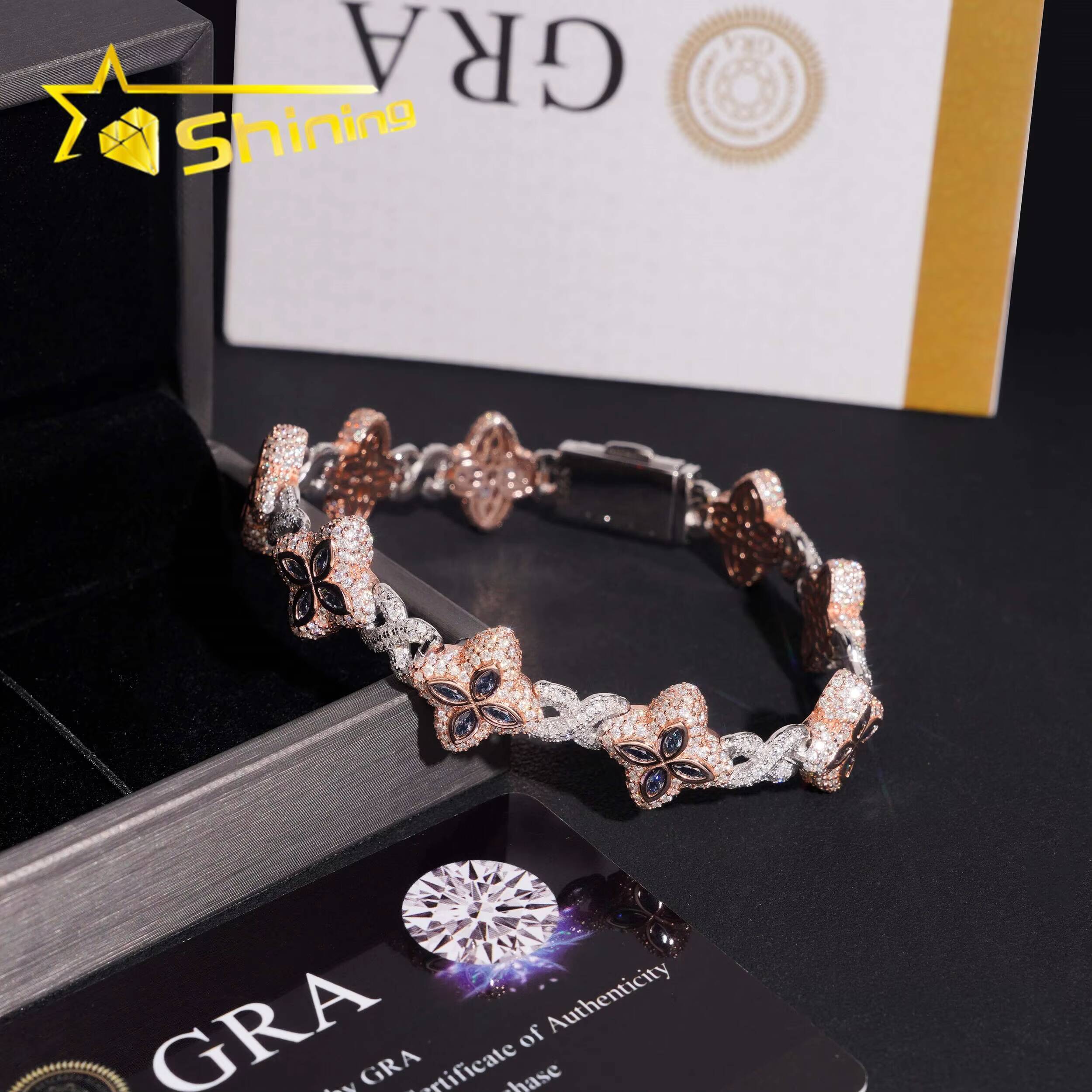 GRA Certified 925 Sterling Silver Hip Hop Two Tone Infinity Sapphire Marquise Clover Moissanite Diamond Bracelet