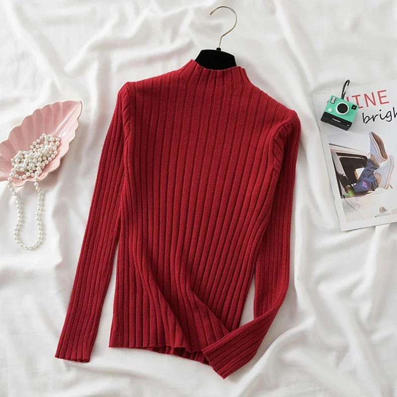 2026 Women Pullover Ribbed Knitted Sweater Autumn Winter Pullovers Turtleneck Long Sleeve Slim Basic Solid Female Sweaters Tops 251027