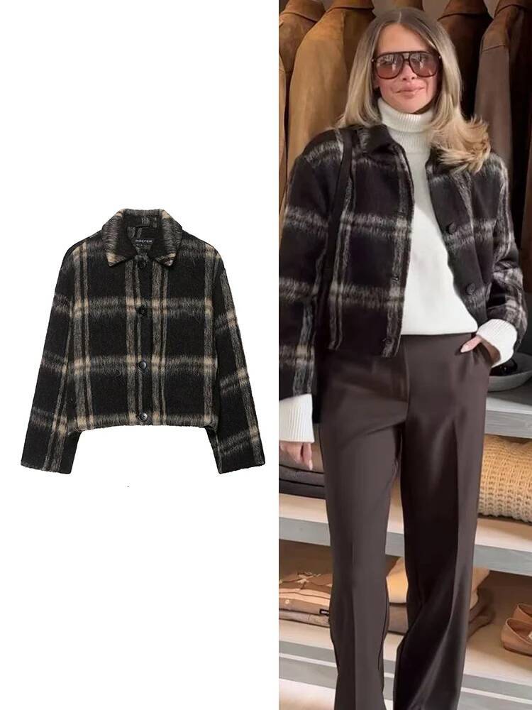 winter jacket women TFMLN Autumn New Women Plaid Jacket Fashion Elegant Long Sleeve Button Up Short Woolen Coat Female Winter Casual Outerwear