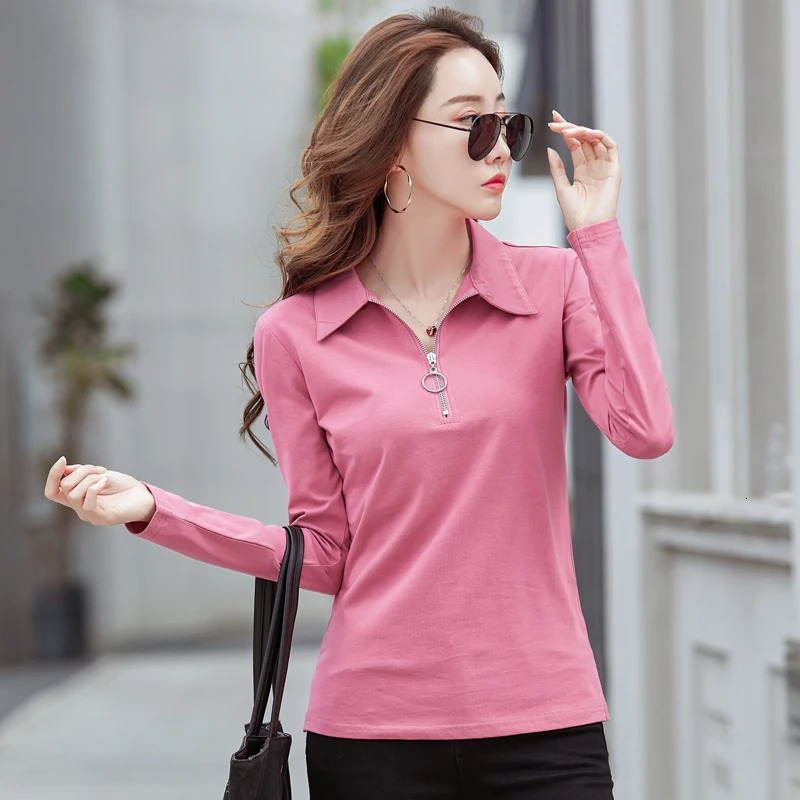 Korean Style cotton polo shirts women fashion long sleeve candy color zipper turn down neck polo t shirt for women 2025 251027