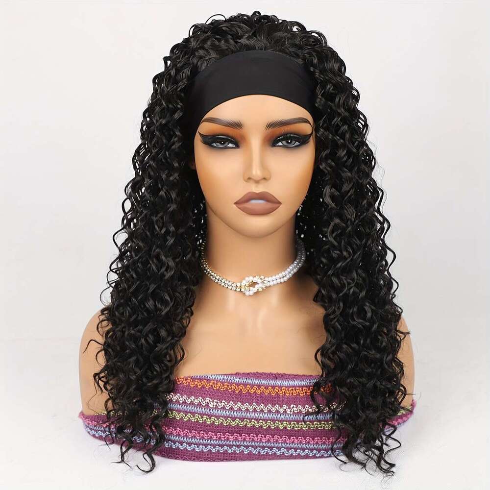 1Pc Elegant Unisex-Adult Curly Headband Wig, 180% Density Water Wave Synthetic Half With Elastic Cap And Attached Headbands, High Temperature Fiber, G
