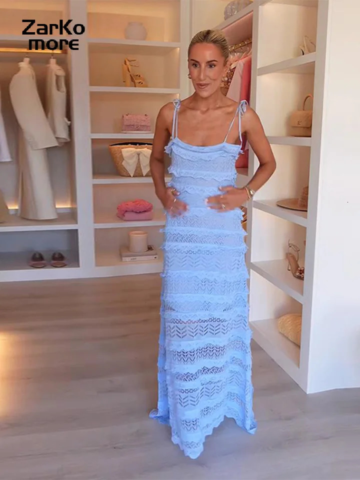 Sexy Slip Long Dress Women Ruffles Sleeveless Backless Hollow Out Blue Cake Dresses 2025 Summer Lady Vacation Beach Slim Robes 251027