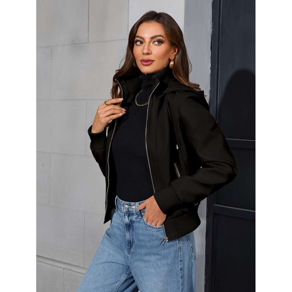 Chic Jacket Casual Chic Women's Black PU Leather Moto Jacket - Long Sleeve Zip-Up With Drawstring Hood Outerwear For Spring & Fall