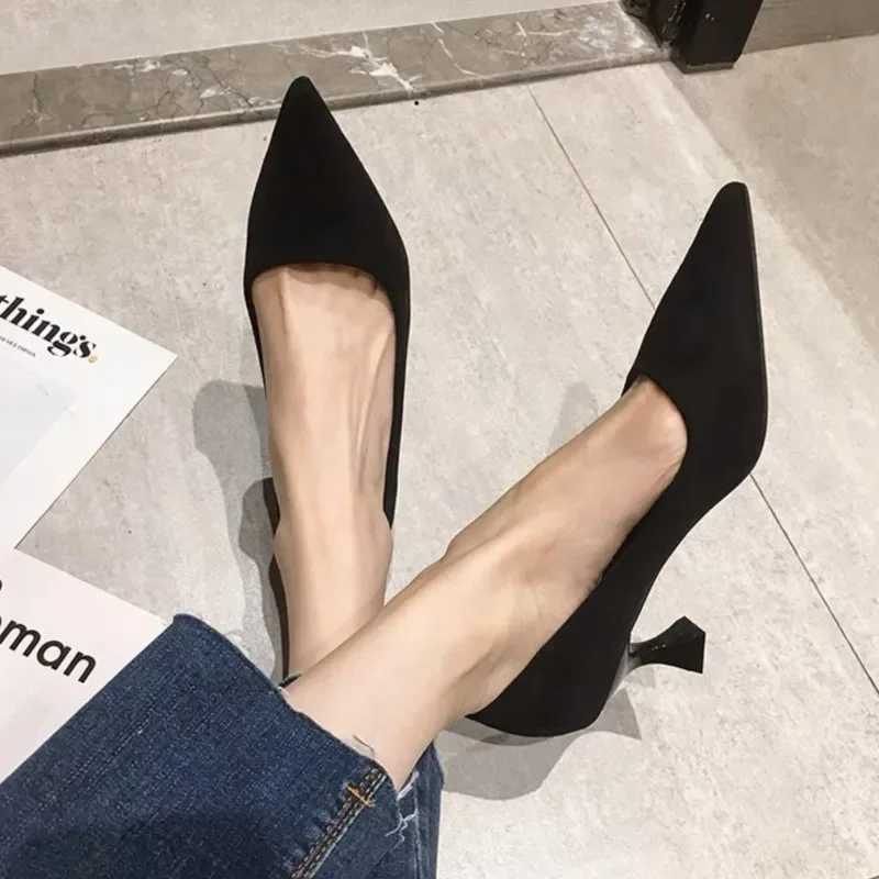 Womens Pumps Leopard Boat Shoes Pointed Toe Slip Dress Shoes Black Faux Suede Mid Heels Stilettos Female Spring Autumn 1716CXJ251027