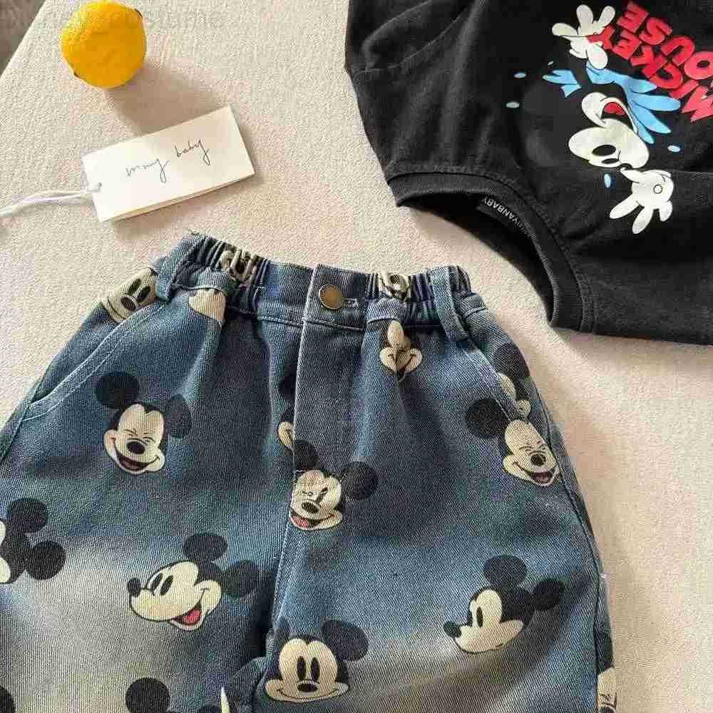 Disney Baby Boys Girls Denim Pants Cartton Mickey Print Versatile Casual Straight Jeans Spring Autumn Childrens Loose Trousers H251027