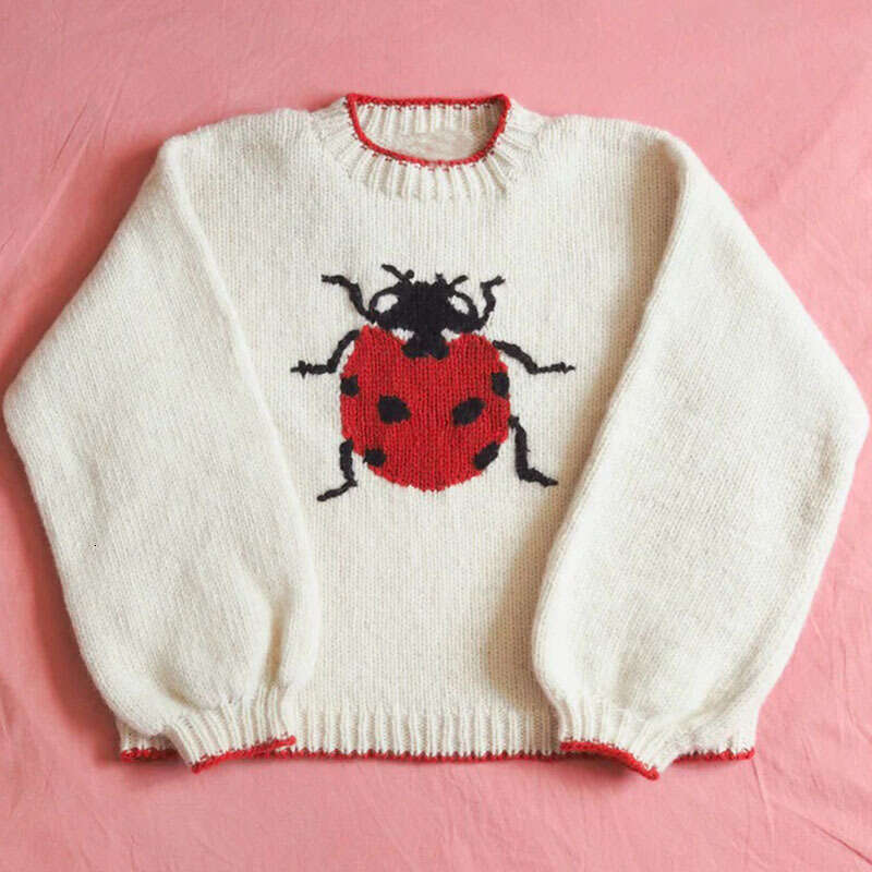 Knitted Sweater with Small Insect Jacquard Pattern, Round Neck, Long Sleeve, Loose Street Style, Cute Style