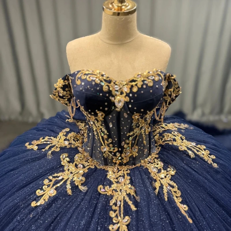 Navy Blue Shiny Quinceanera Dresses Off The Shoulder Gold Applique Lace Beads Bow Tiered Tull Party Birthday Sweet 16 Dress