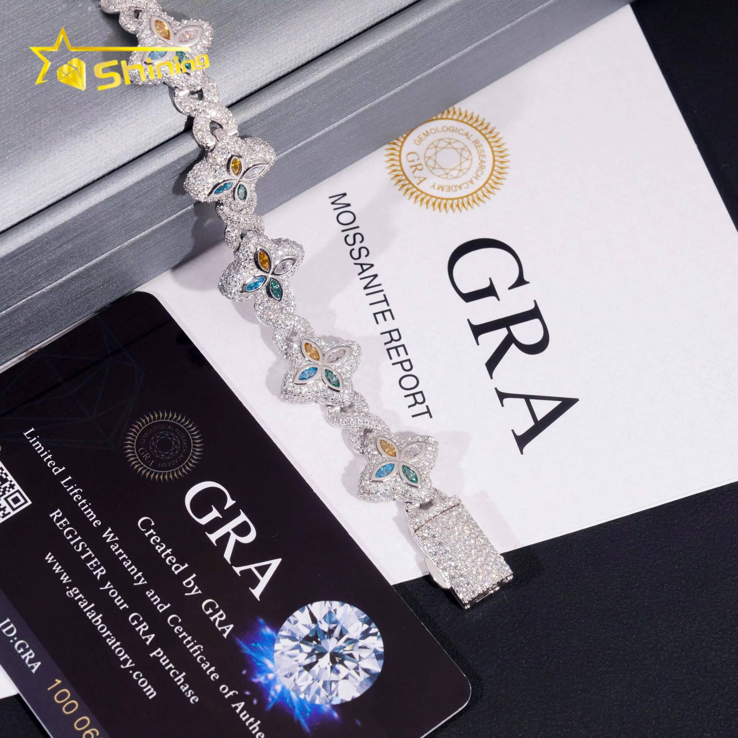 Custom Luxury Iced Out Hip Hop Moissanite Diamond 925 Silver Cuban Link Chain Bracelet Popular Colorful Flower Clover Bracelet