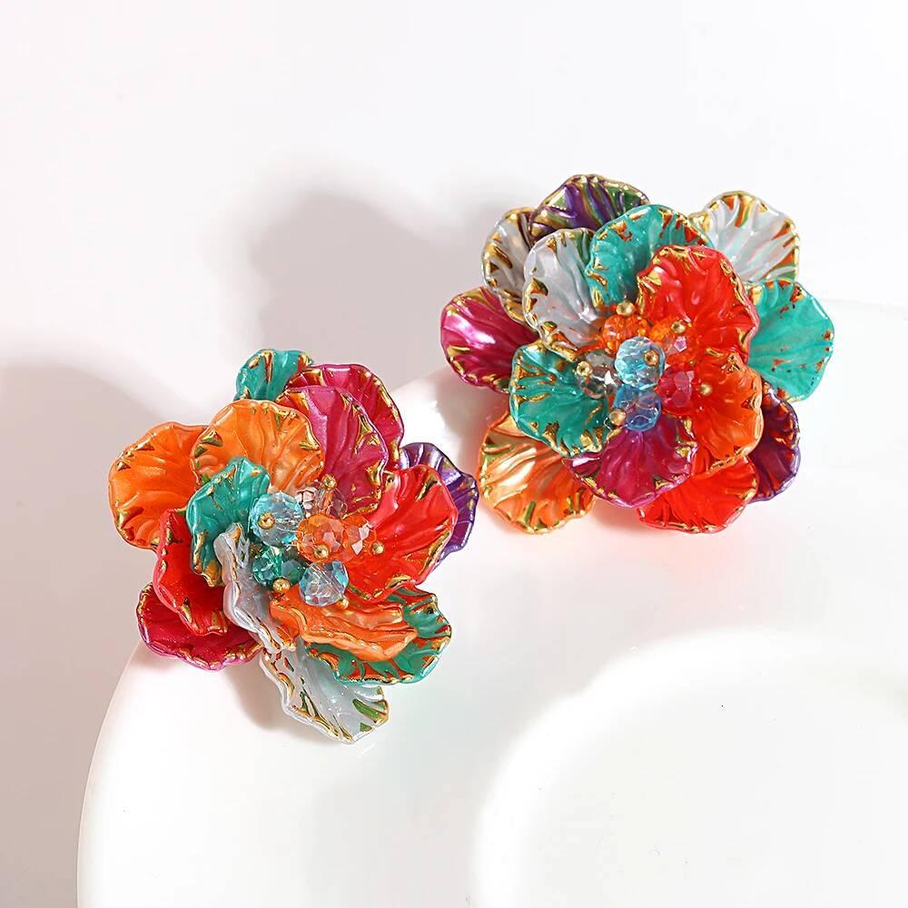 AENSOA Trendy Multicolour Resin Petal Flower Stud for Women Gold Color Stroke Floral Large Earrings Statement Jewelry