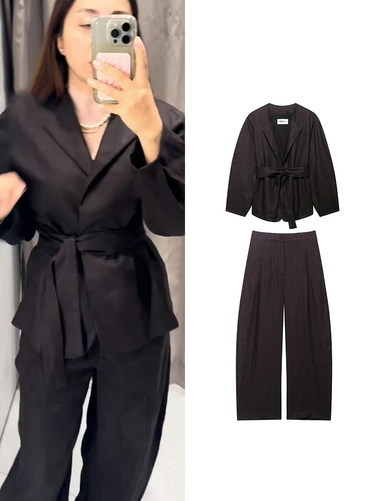 TFMLN Womens Solid Pant Two Piece Round Collar Long Sleeve Open Coat With Belt High Waist Pants Women Autumn Clothing 251027