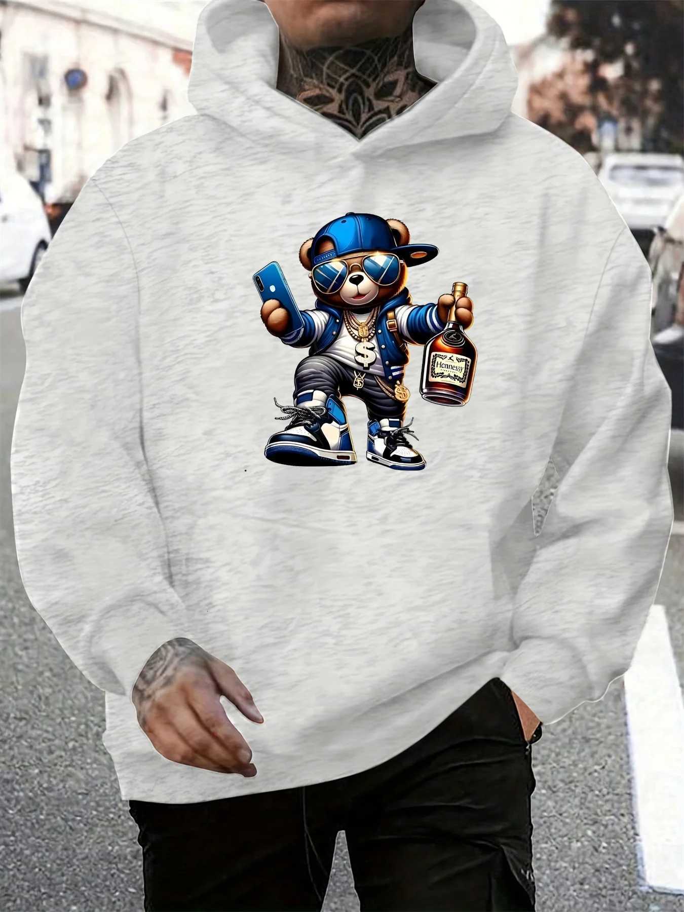 Mens autumn and winter casual fashionable loose hooded sweatshirt with cool bear pattern printed long sleeved warm pullover W251027