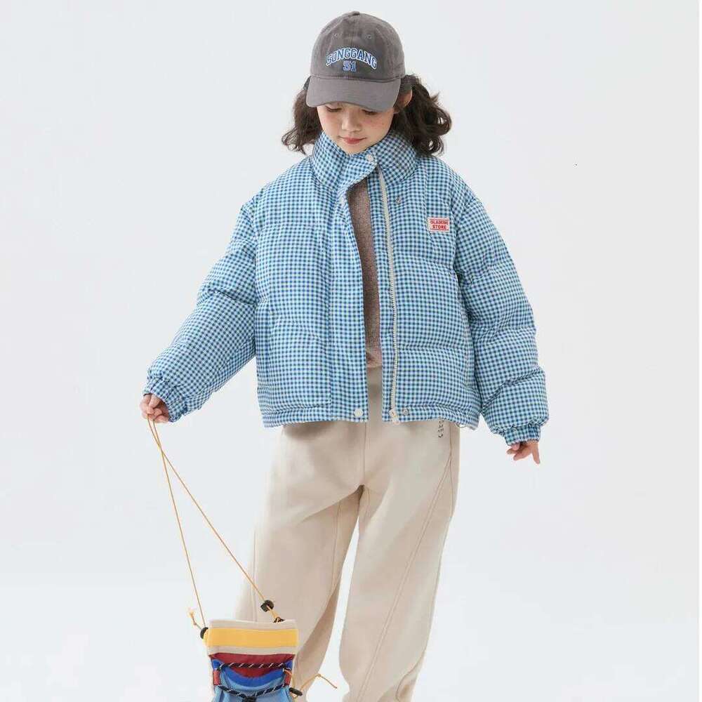 Winter Children Plaid Parkas Blue Stand Collar Thick Warm Teens Girls Outerwear Sticker Zipper Jacket For 4-14Y Girl