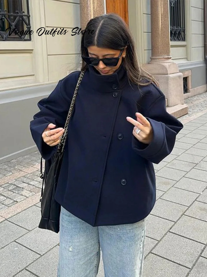 Chic Short Woolen Coat Women Stand Collar Single Breasted Long Sleeve Pockets Jacket 2025 Autumn Lady Street Commute Outwear 251013