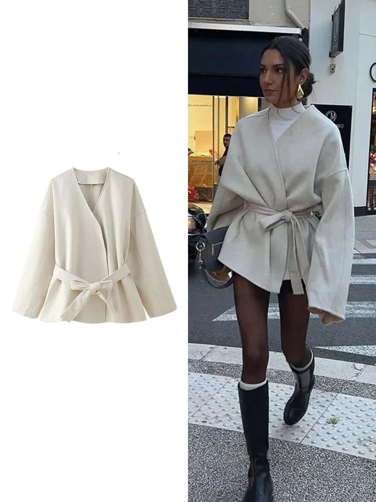 Womens Long Sleeve Reversible Tweed Jacket n Bow Belt Trimmed VNeck Coat Autumn Winter Tops 251027